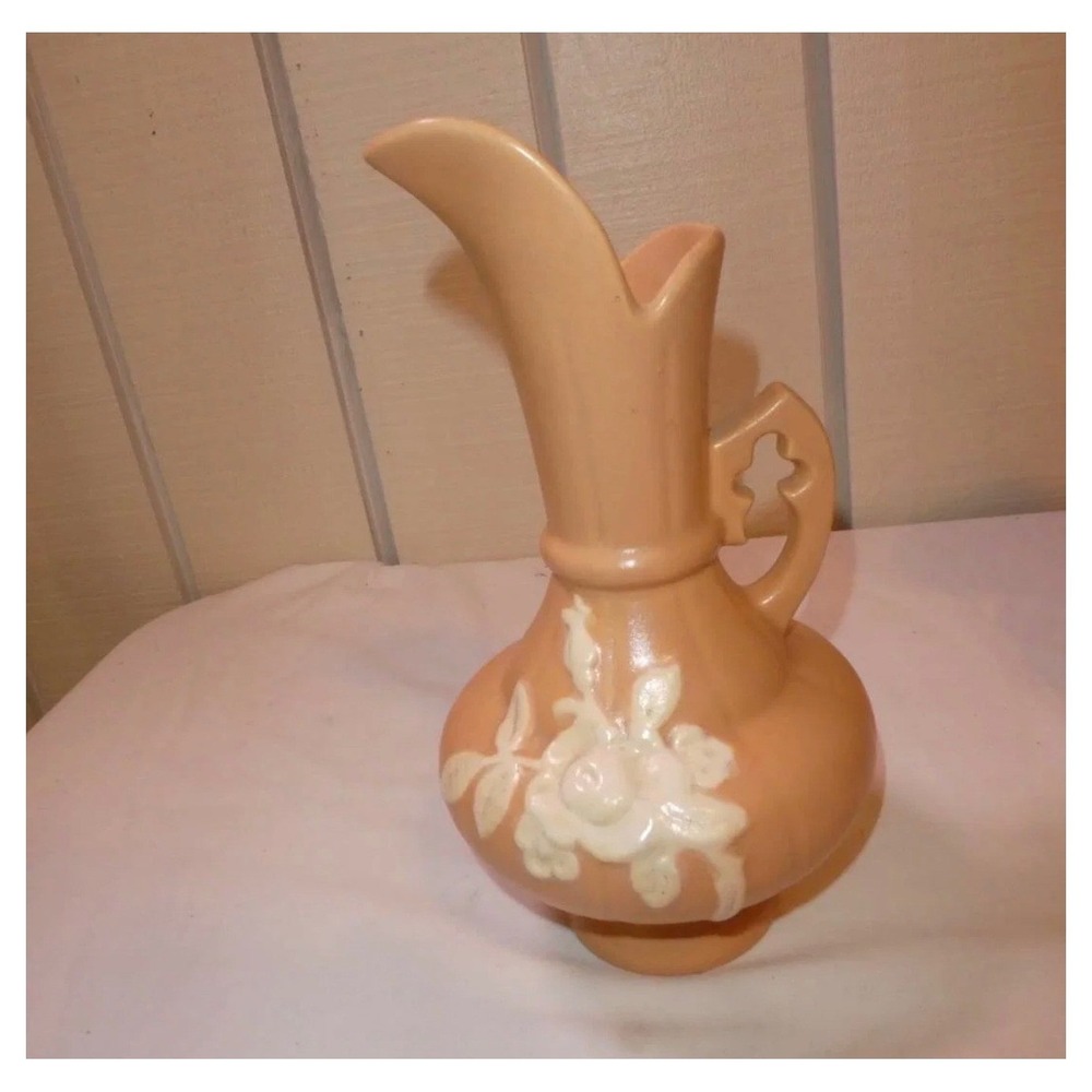 Vintage Weller Pottery Cameo Rose Ewer Pitcher Vase Peach Pink 1930s Zanesville